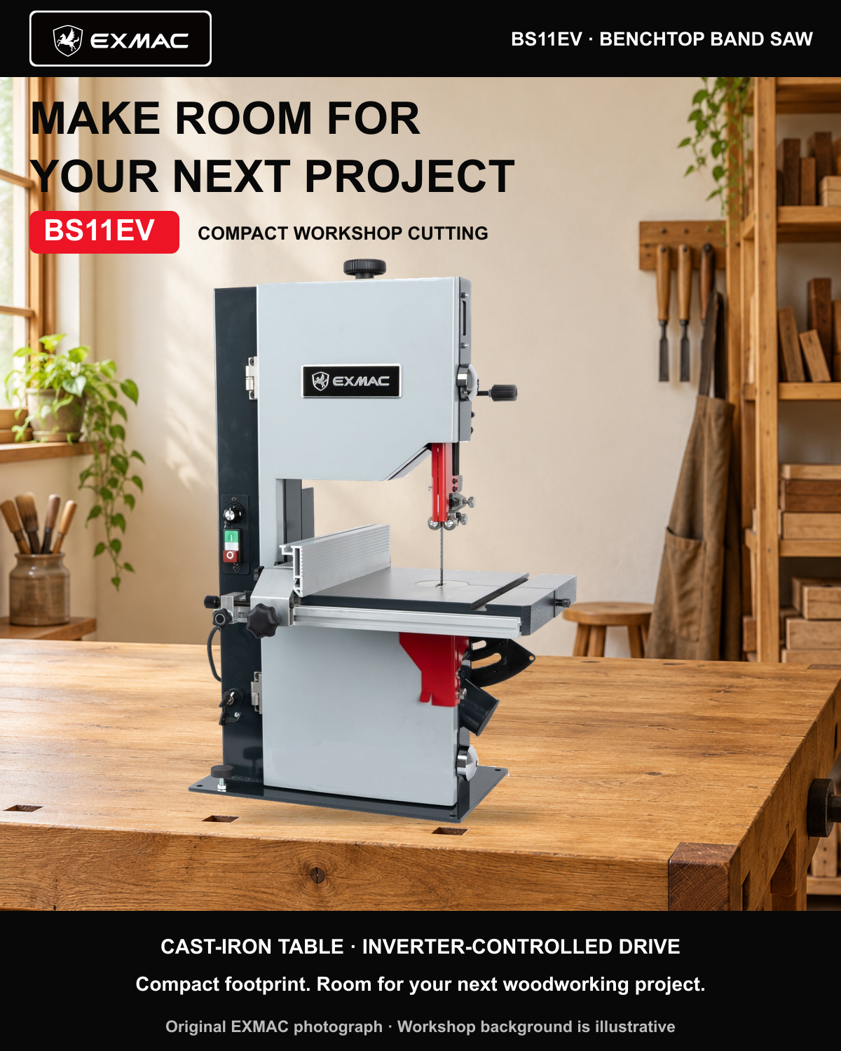 EXMAC BS11EV genuine product photograph composited on an illustrative workshop background