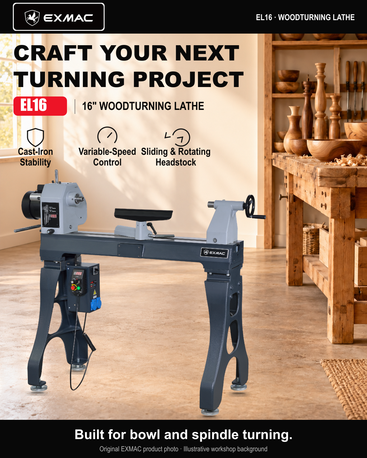 EXMAC EL16 woodturning lathe in an illustrative workshop using the real manufacturer product photograph.