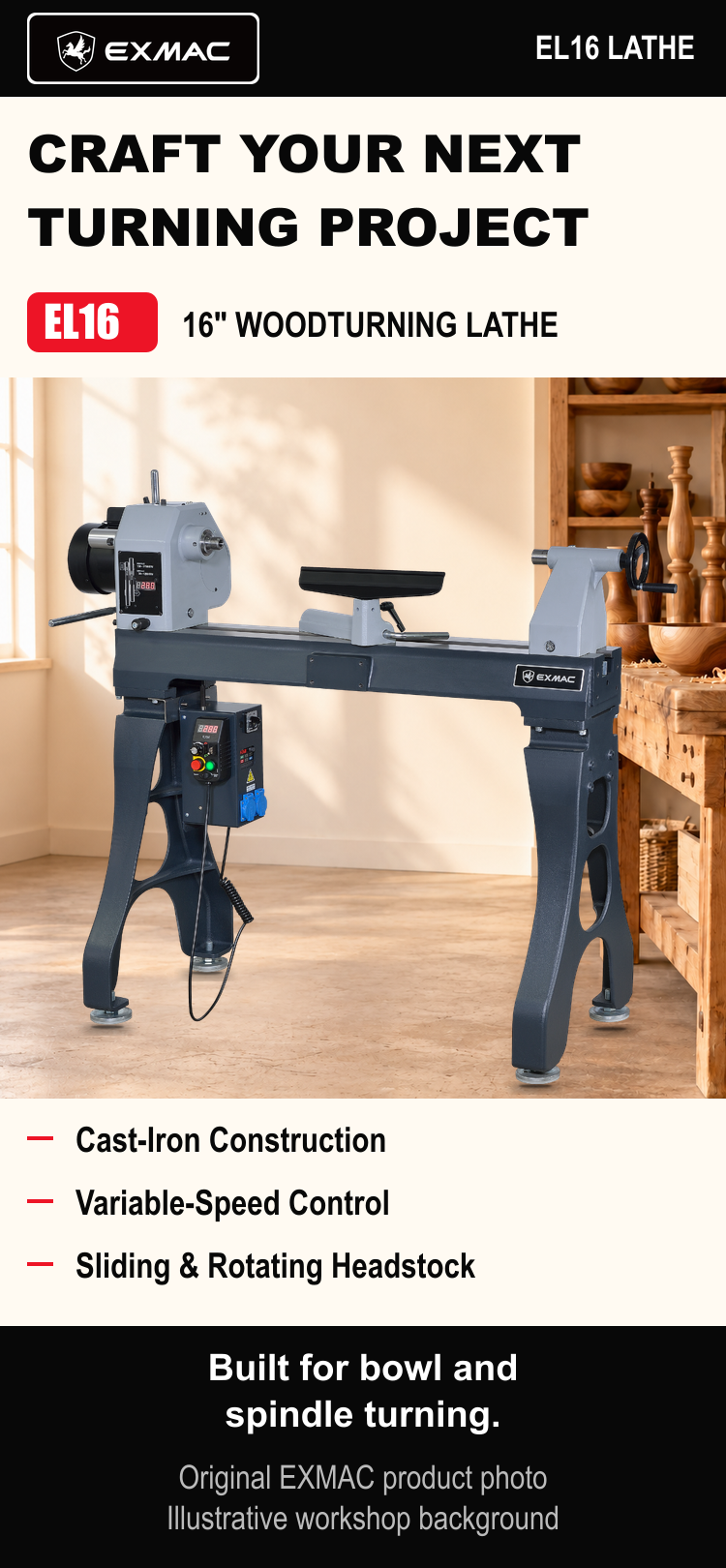EXMAC EL16 woodturning lathe in an illustrative workshop using the real manufacturer product photograph. Mobile layout.