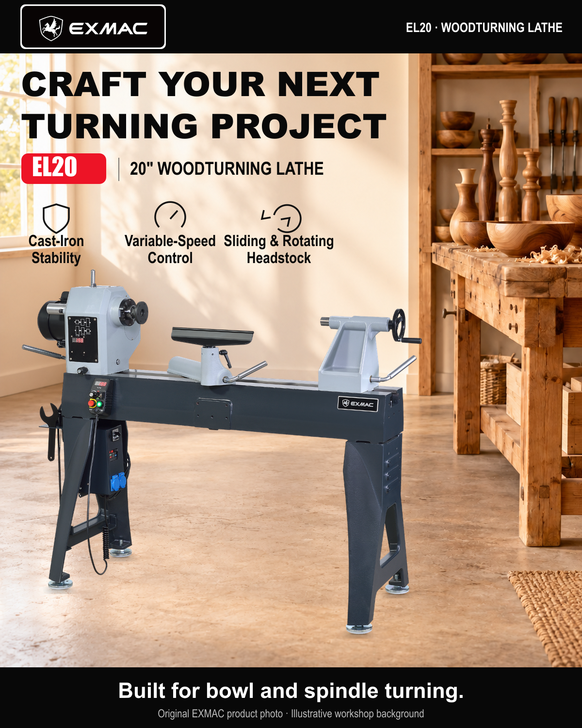 EXMAC EL20 woodturning lathe in an illustrative workshop using the real manufacturer product photograph.