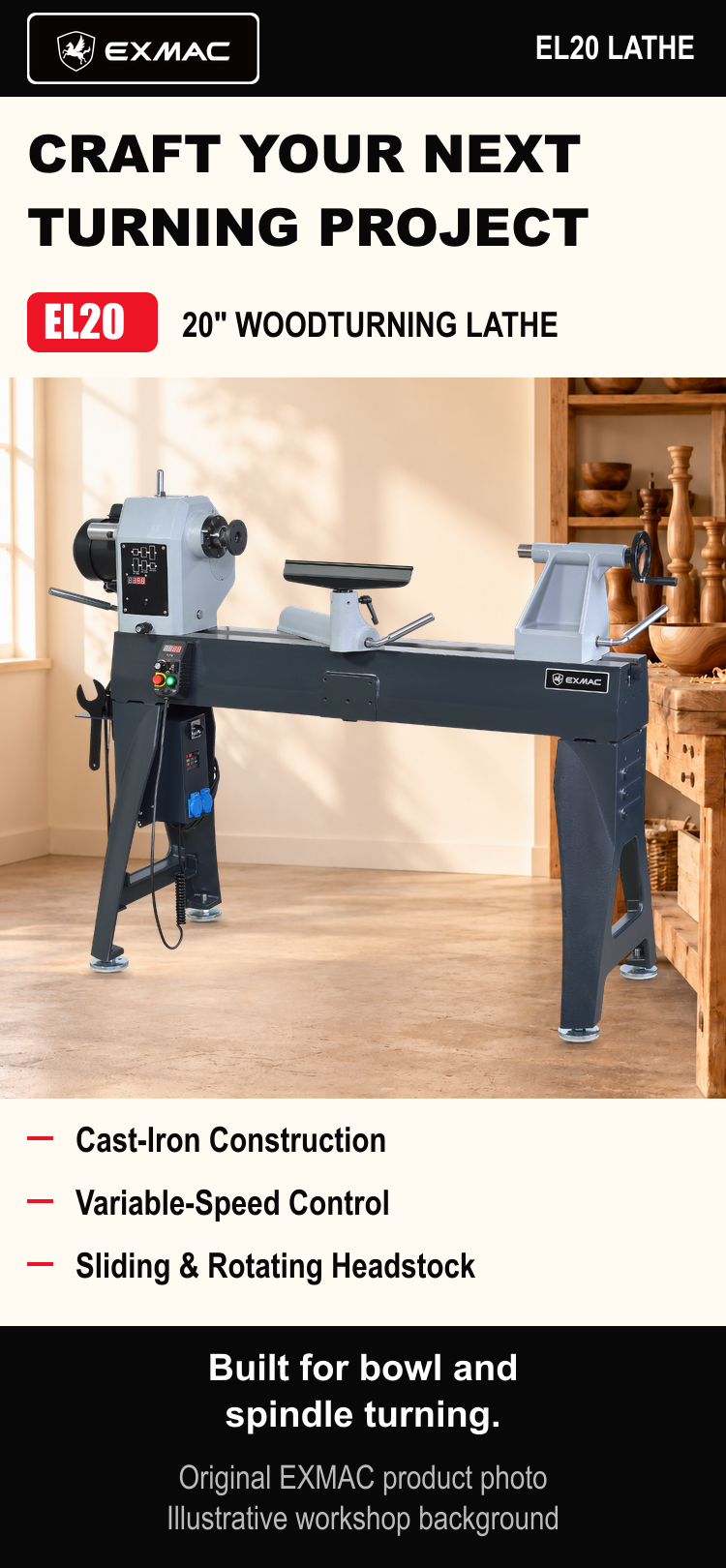EXMAC EL20 woodturning lathe in an illustrative workshop using the real manufacturer product photograph. Mobile layout.