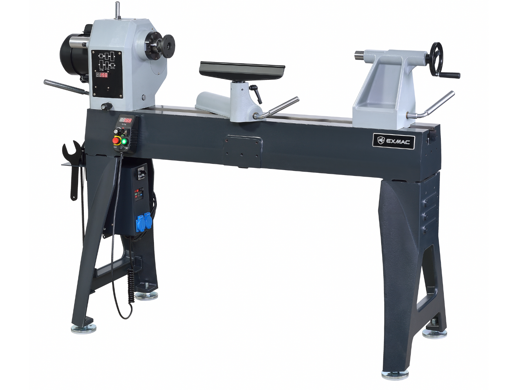 EXMAC EL20 20-inch woodturning lathe with cast-iron bed and stand.