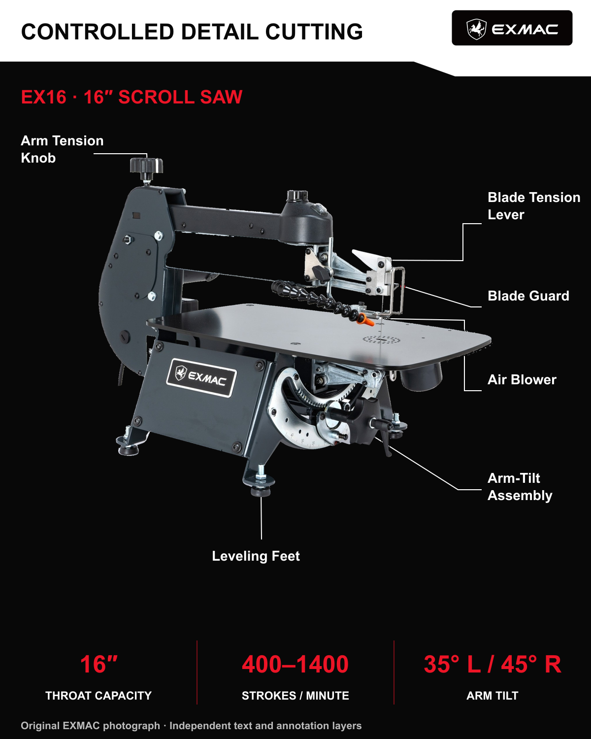 EXMAC EX16 authentic product photograph identifying arm tension knob, blade tension lever, blade guard, air blower, arm-tilt assembly and leveling feet