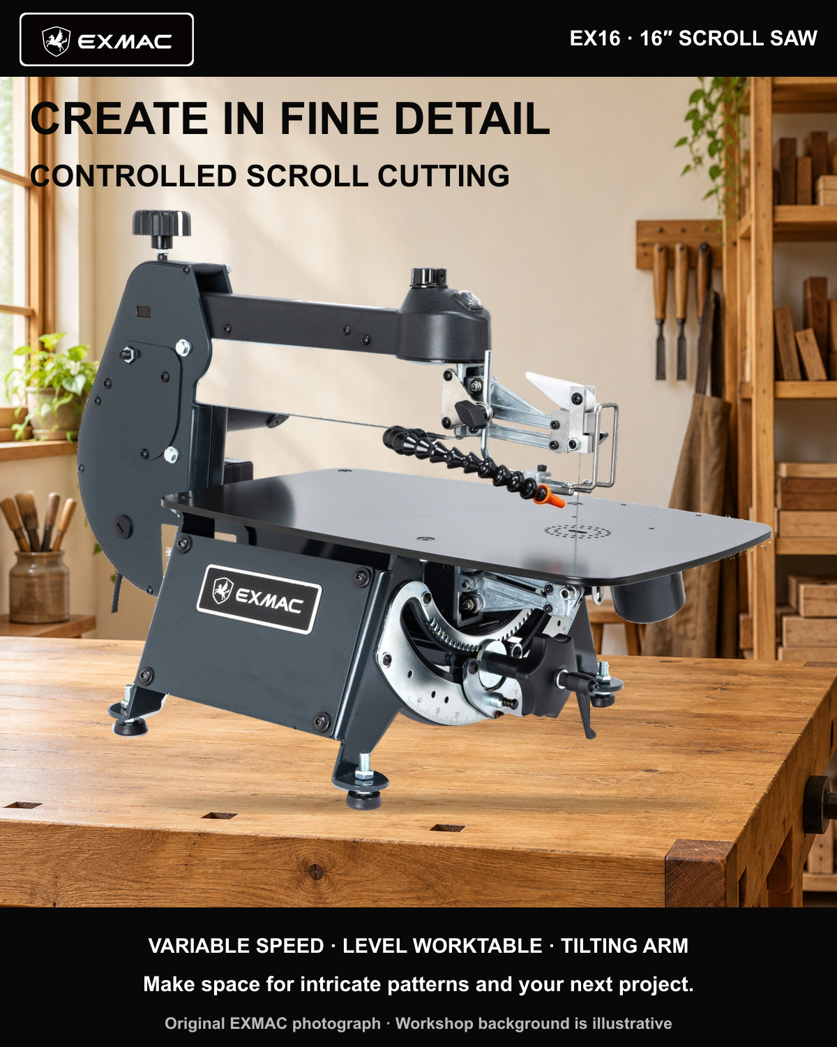 EXMAC EX16 authentic scroll saw photograph composited into an illustrative workshop