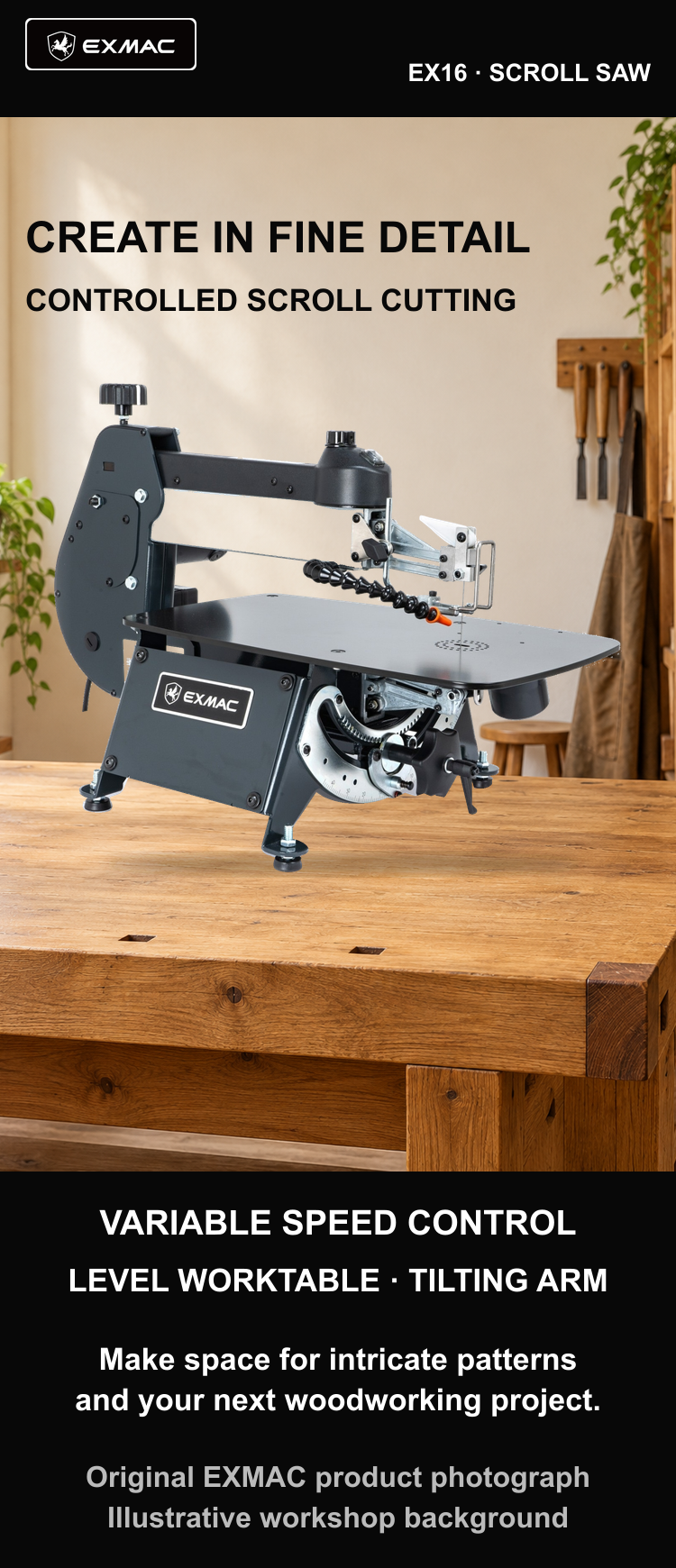 EXMAC EX16 authentic scroll saw photograph in an illustrative workshop, mobile layout