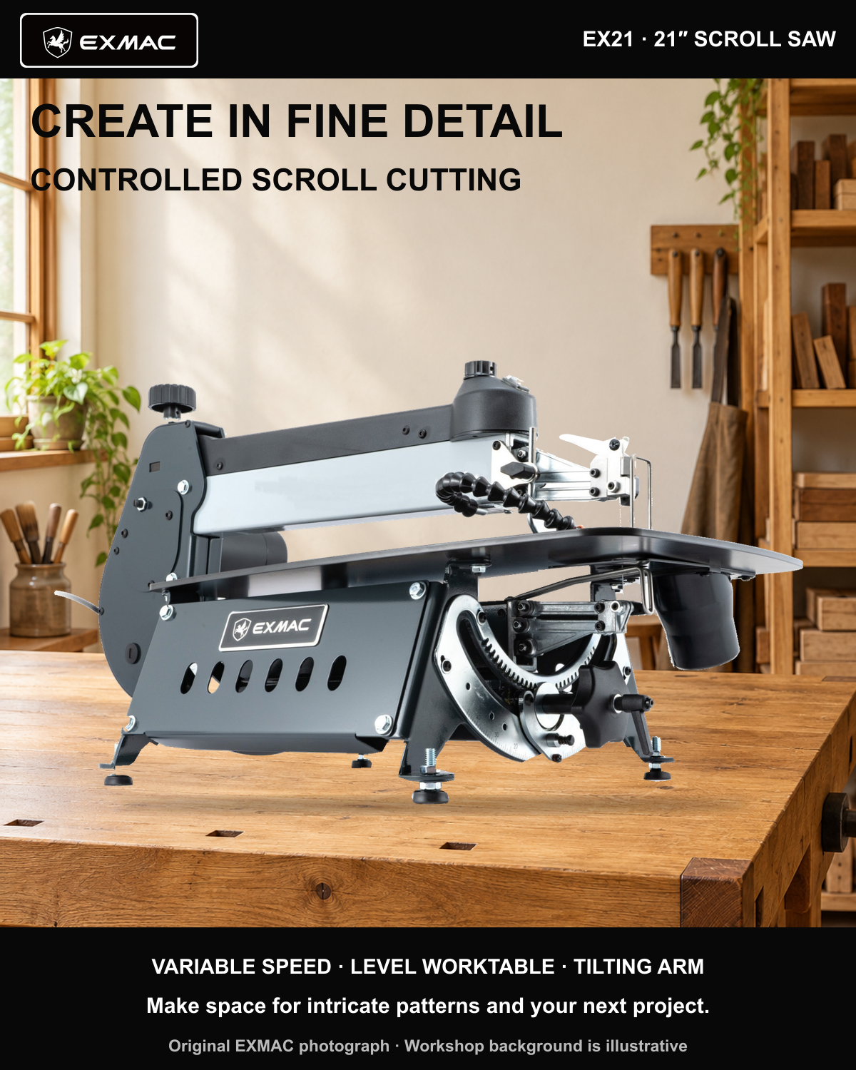Original EXMAC EX21 scroll saw photo in an illustrative workshop background