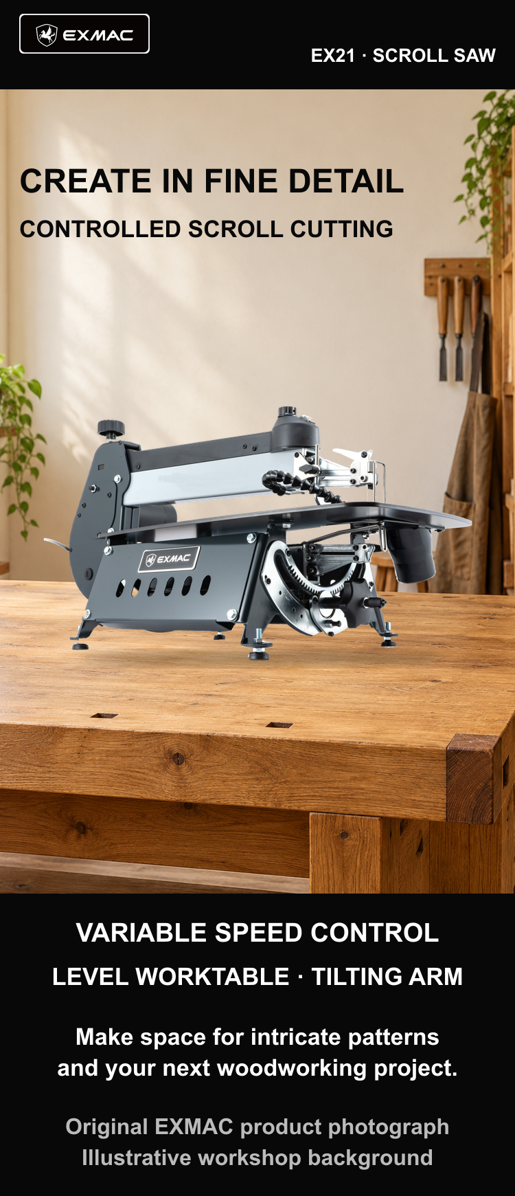 Original EXMAC EX21 scroll saw photo with illustrative workshop background for mobile